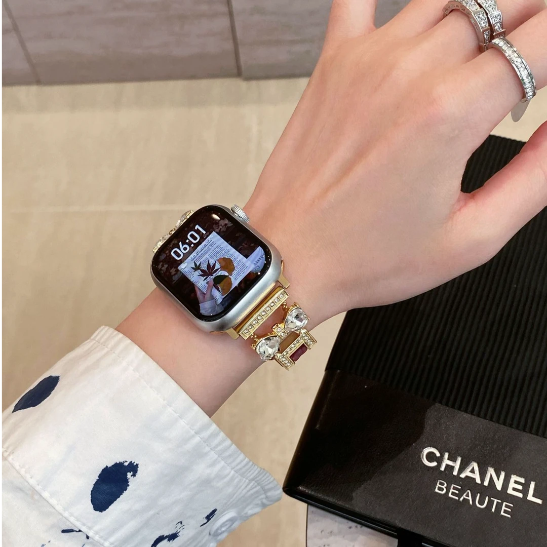 新款钻石蝴蝶结菱格皮质表带适用applewatch苹果手表iwatch1