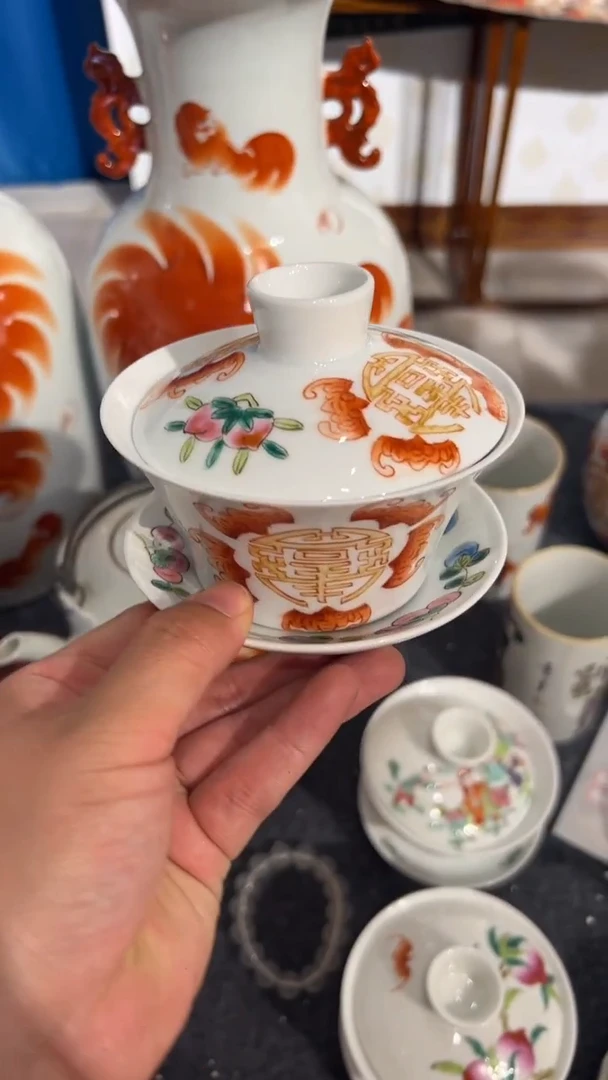 摆件瓷摆件瓷摆件五福盖碗