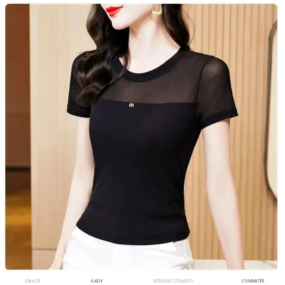 519墨网纱短袖T恤女夏季2025年新款半袖打底小衫内搭蕾丝上衣