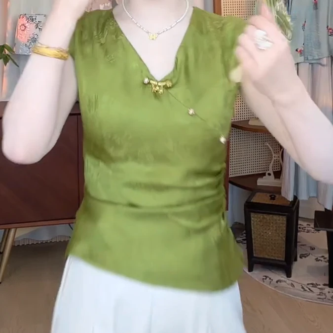 夏季新款中式缎面提花气质国风百搭通勤上衣C5504