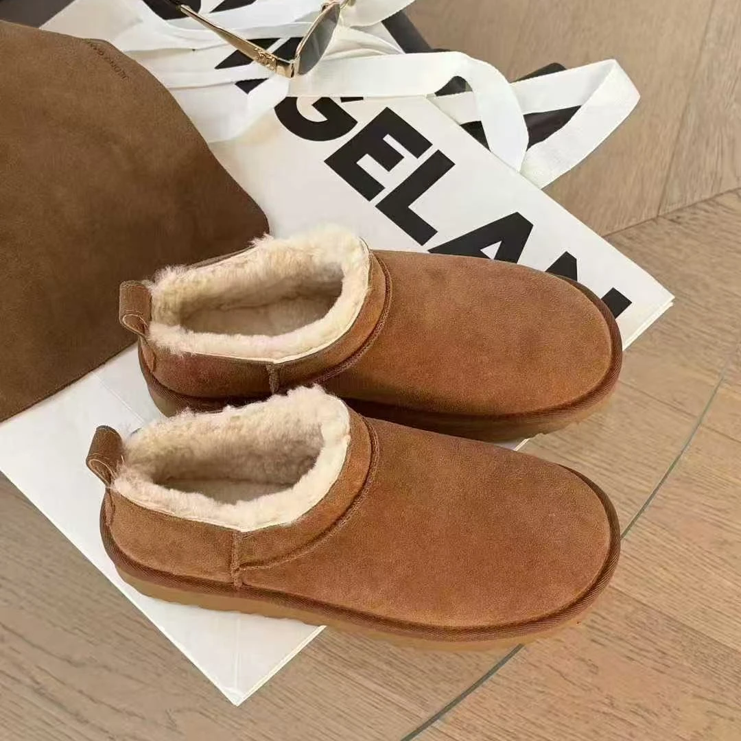 诗歌兰真皮女鞋2025冬新款百搭复古羊皮毛一体保暖棉鞋雪地靴短靴