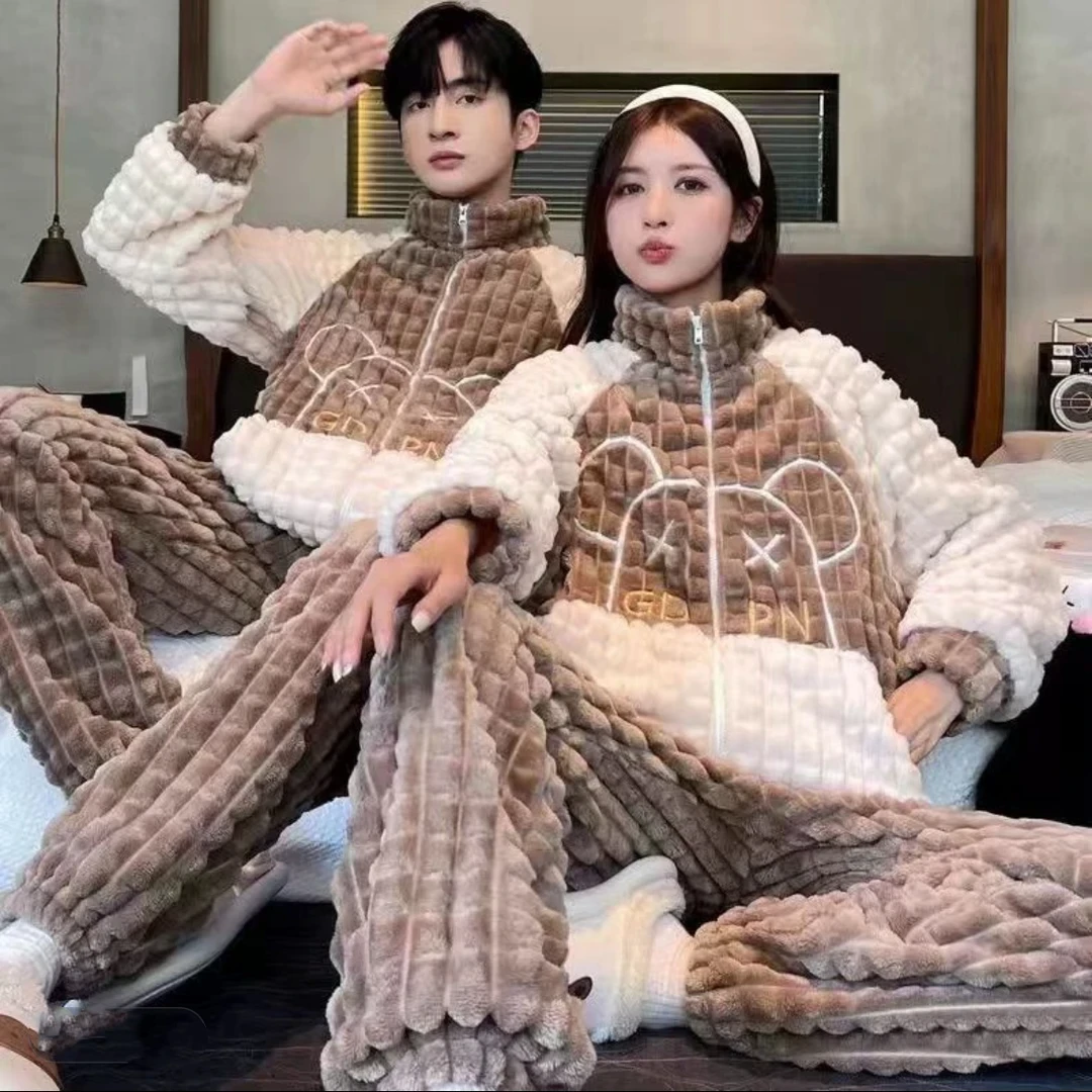 情侣款保暖家居服男女同款睡衣冬季加绒加厚一套可外穿