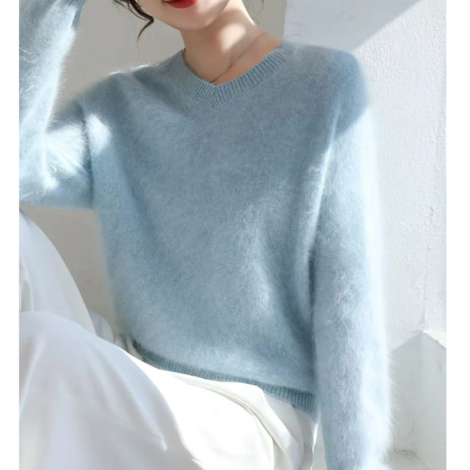 100%山羊绒！数兰朵纯羊绒保暖柔软拉绒毛衣圆领宽松浅色羊绒衫女