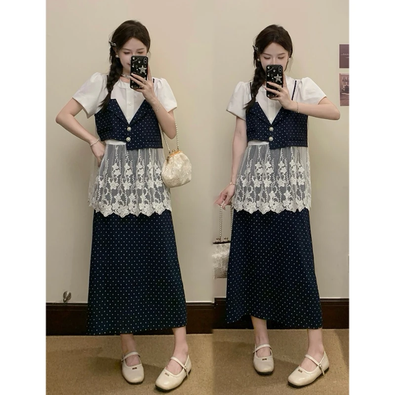 大码夏新款蕾丝拼接假两件高端显瘦短袖衬衫时尚波点法式连衣裙