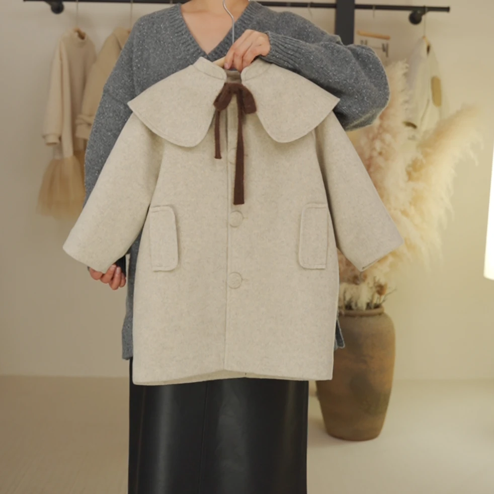 3现货【SEVEN KIDS】女童童装秋冬季宽松复古中长呢大衣外套