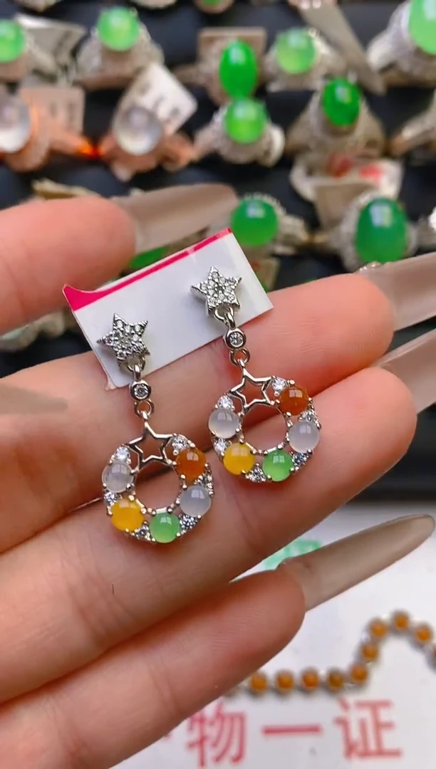 翡翠银S925镶嵌耳饰天然