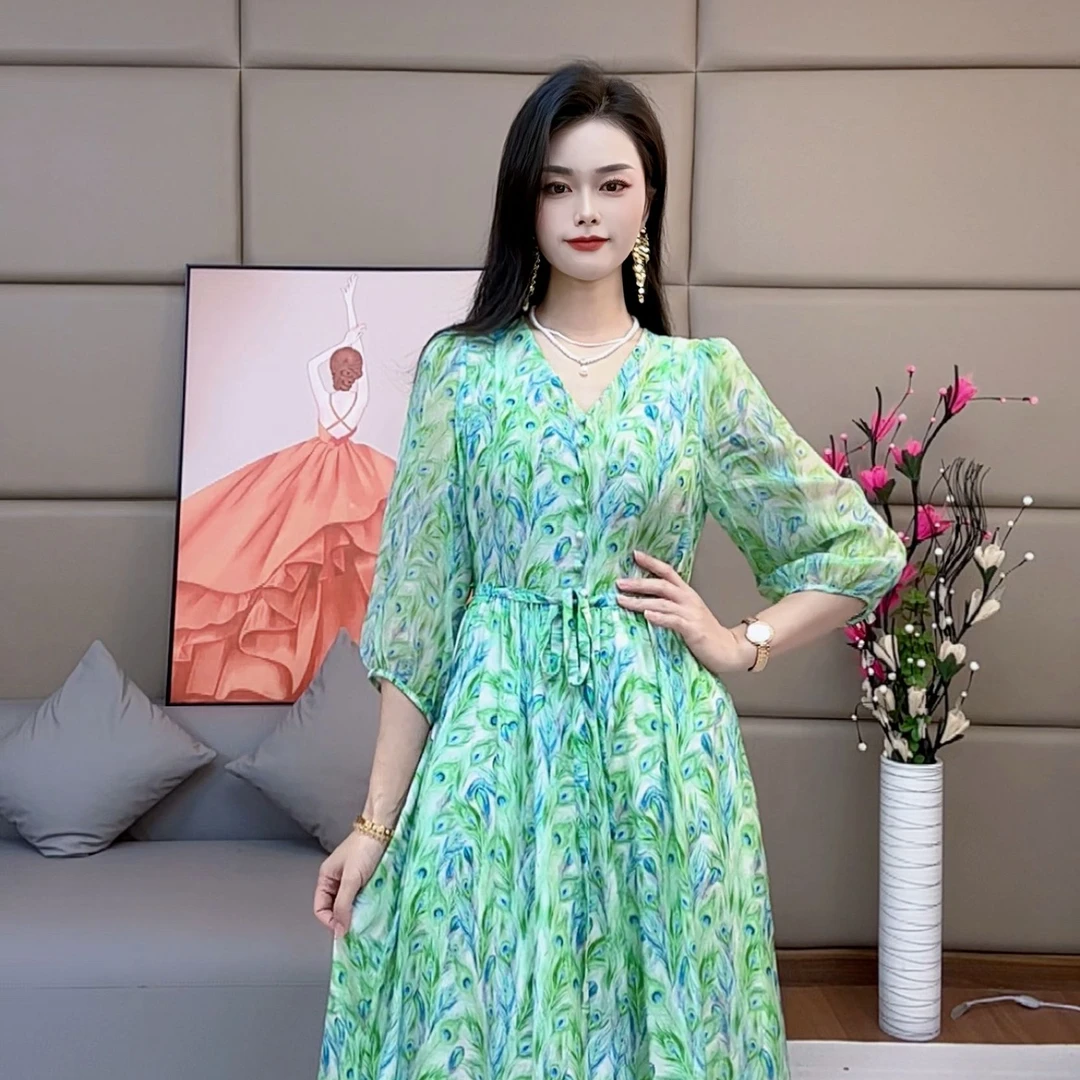 ‘’孔雀‘’  法式V真丝连衣裙显瘦气质轻奢时尚修身收腰 90484