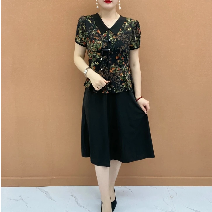 夏季新款时尚连衣裙洋气中老年女装遮肉假两件中长款裙子妈妈装
