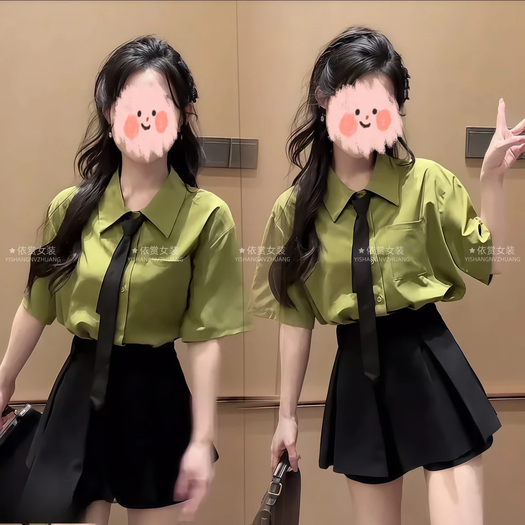 2025夏季新款法式复古小清新宽松不规则衬衫女黑色短裤时尚两件套