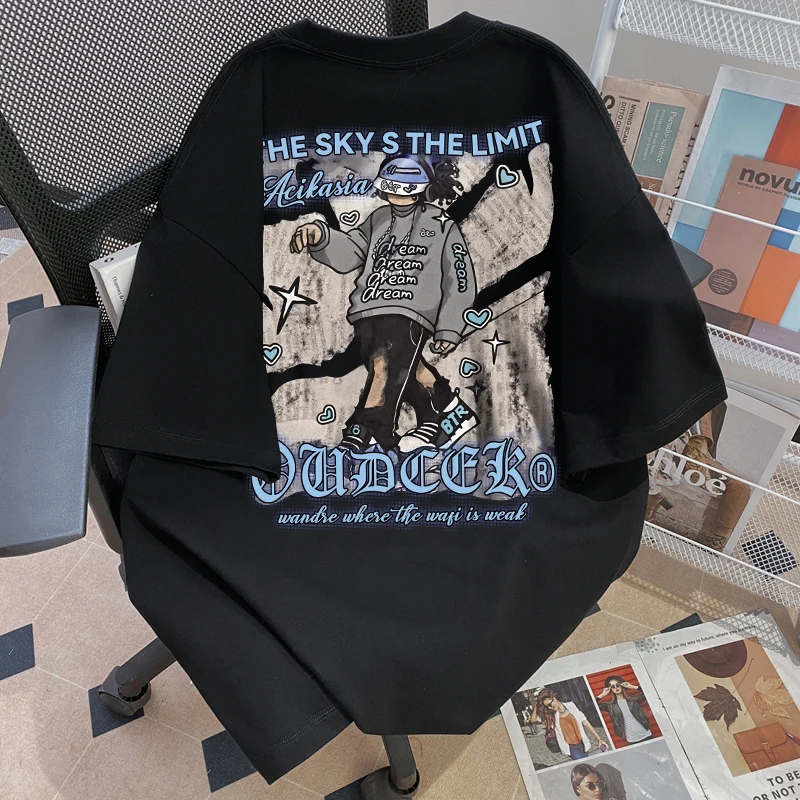 100%纯棉重磅潮牌oversize休闲痞帅街头风短袖T恤美式松弛感印花