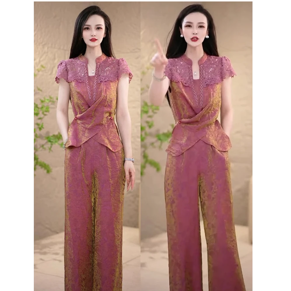 设计感蕾丝拼接短袖上衣阔腿裤两件套女夏季新款收腰显瘦气质套装