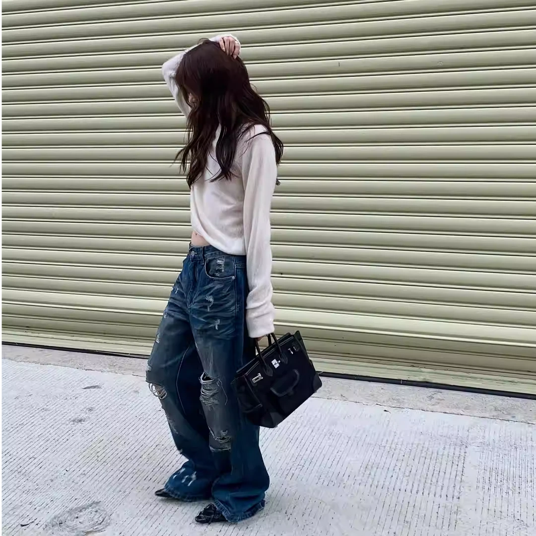 LILUSHOP【9.18 20:00新品】时髦高街破洞牛仔裤宽松阔腿长裤