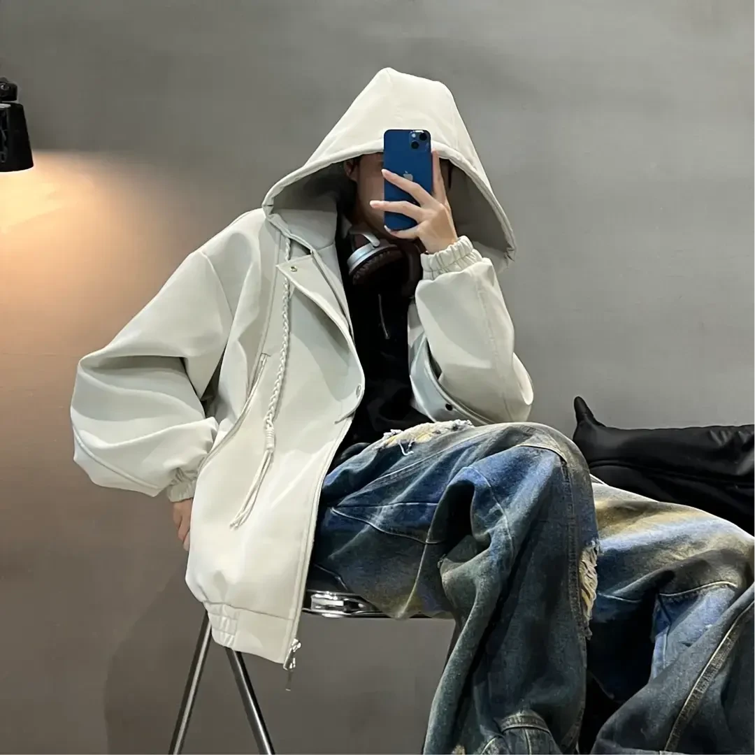 2025秋冬季加绒连帽皮衣夹克男美式简约宽松情侣休闲外套百搭上衣