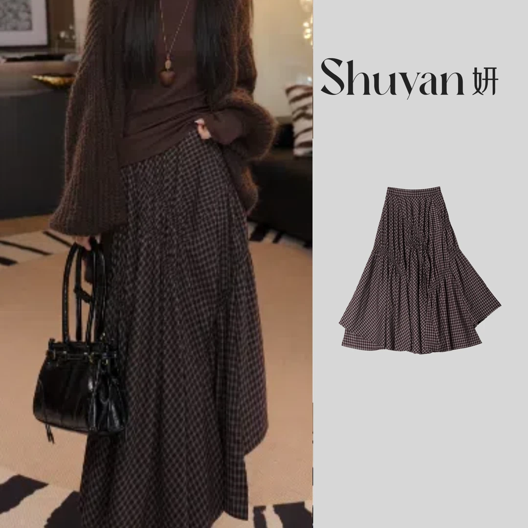 Shuyan妍【格仔裙】重磅不对称褶皱古巴罗岛格子裙665096