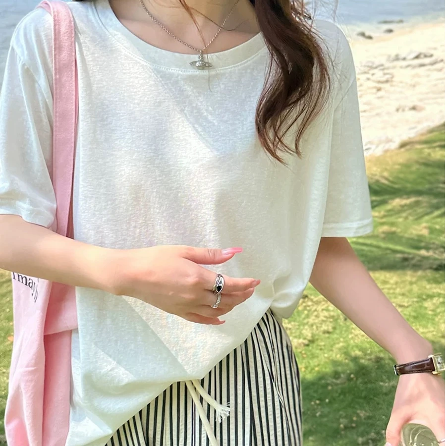 【直播间专属】2025夏季亚麻棉T恤气质休闲百搭韩版圆领宽松透气