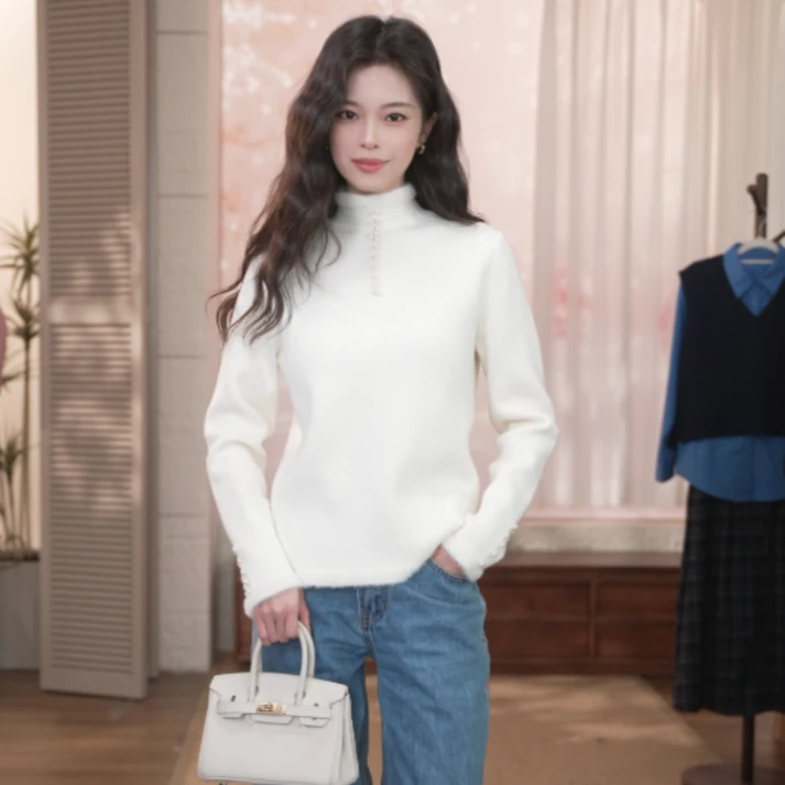 【终狂欢购】茵曼冬季纯色珍珠圆领套头毛衣温柔气质百搭针织衫