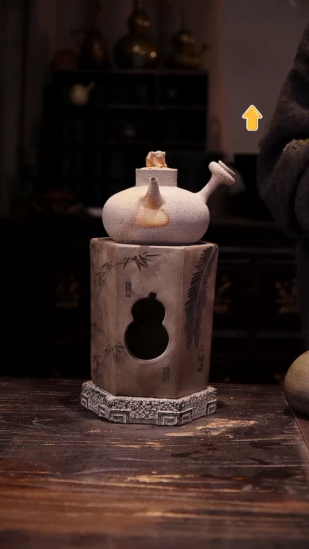 纯手工柴烧狮子侧把加六角雕刻炉