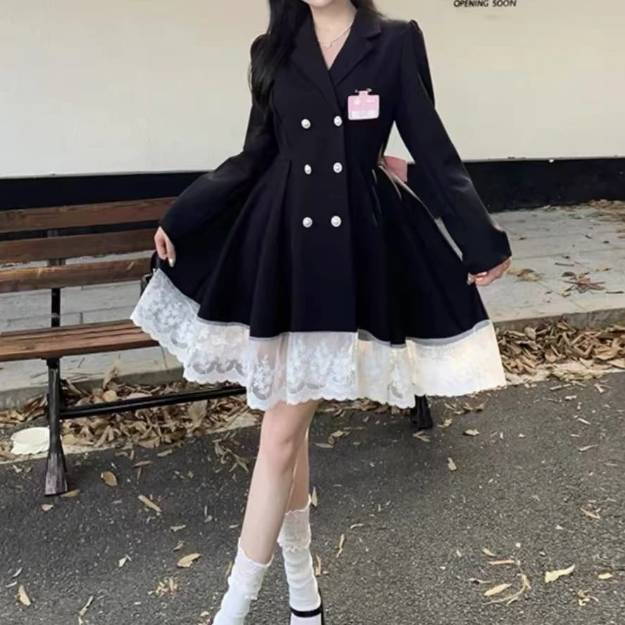 【高品质】大码西服连衣裙气质黑色蕾丝拼接（没有名片夹）