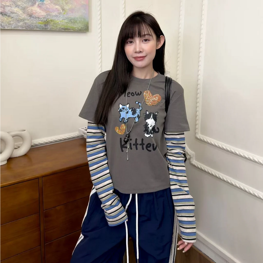 可爱猫咪印花假两件长袖条纹拼接T恤#V85115