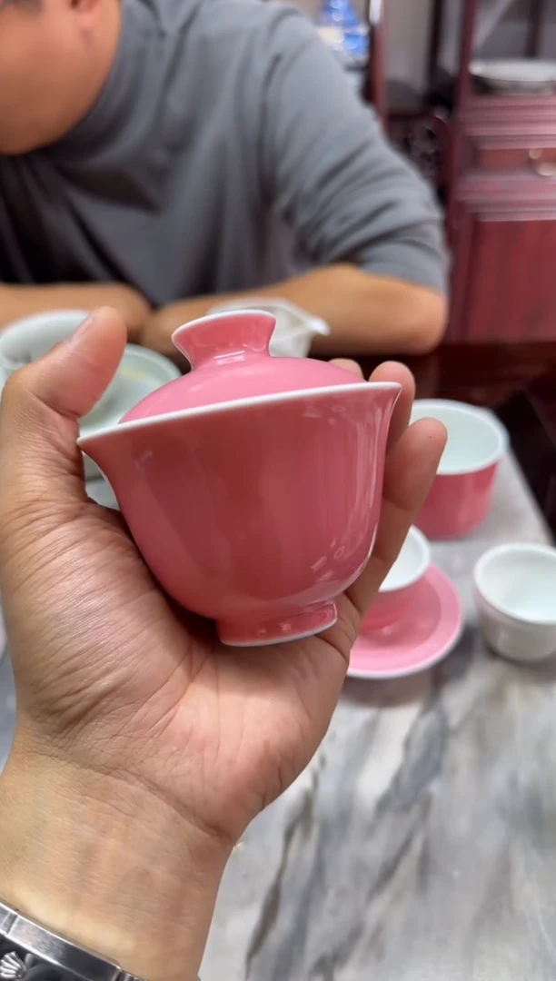 纯**8天义华 桃红堆白 素面盖碗