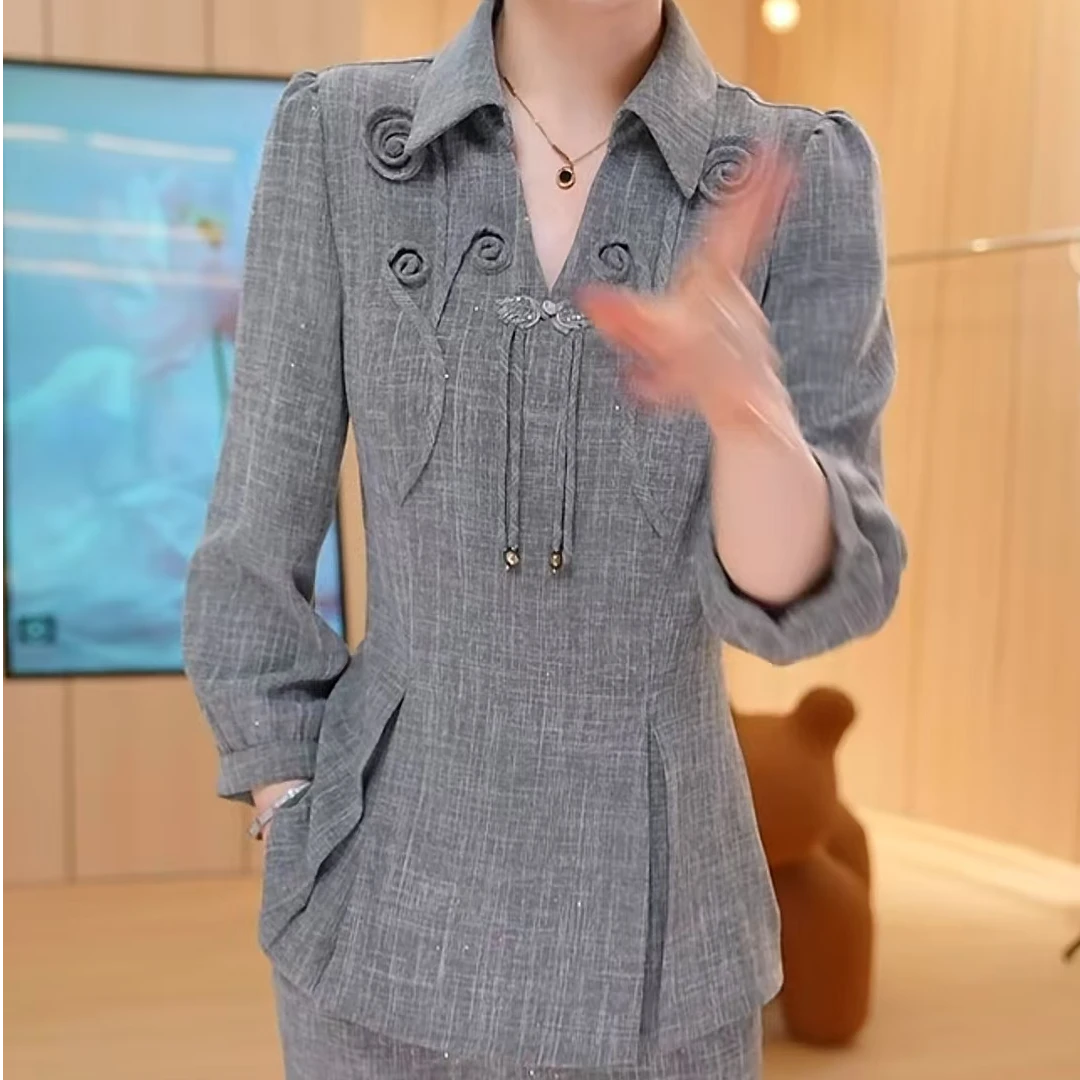 【上衣+裤子】2025春季新款优雅气质显瘦国风女士休闲套裤两件套