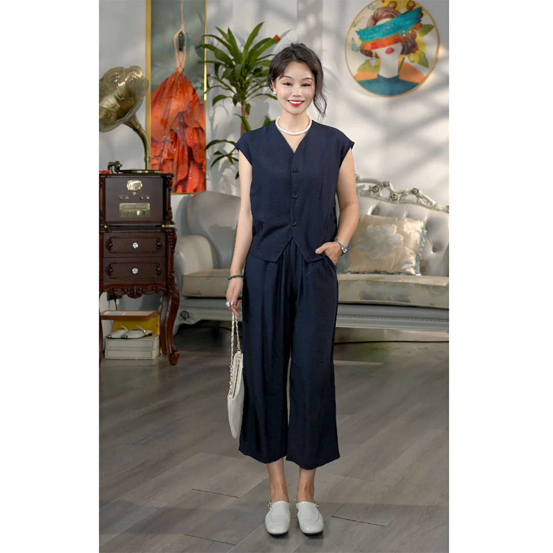 无印心匠D108 森系老钱风时尚套装纯色夏季宽松两件套K1821