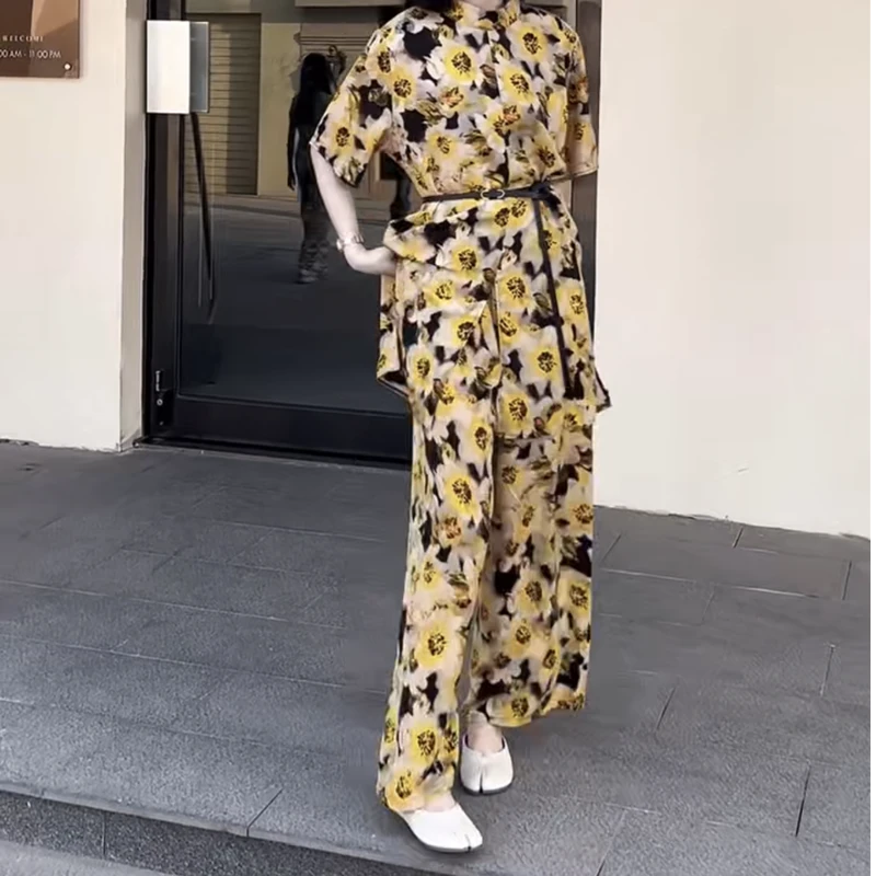 加肥立领短袖花朵腰带中长款上衣直筒长裤胖妹妹气质轻熟风两件套