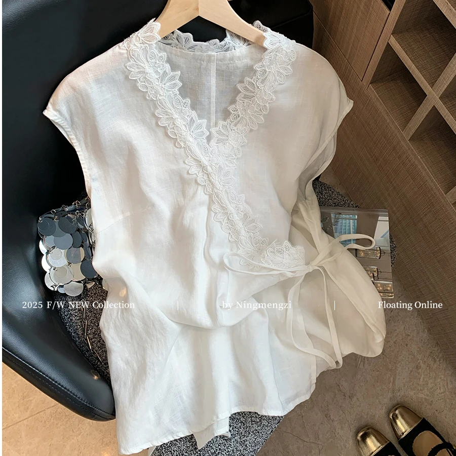夏季2025新款法式蕾丝花边绑带气质无袖衬衫气质减龄收腰背心上衣