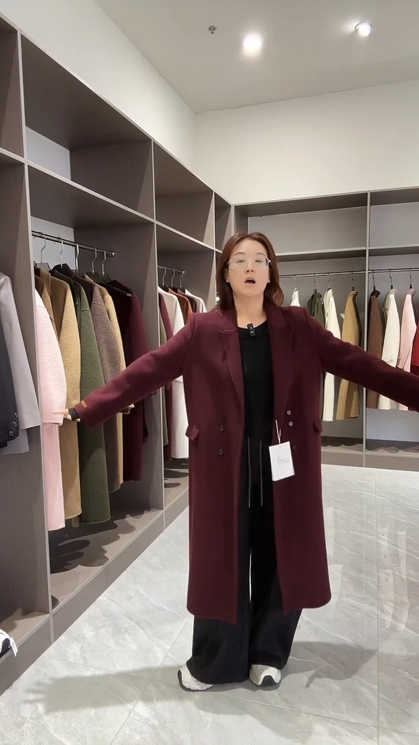 009长款西装领羊毛大衣车厘子红