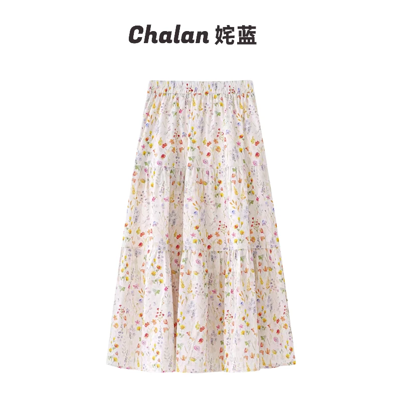 CHALAN姹蓝 夏季植物系氛围感碎花小清新显瘦半身长裙