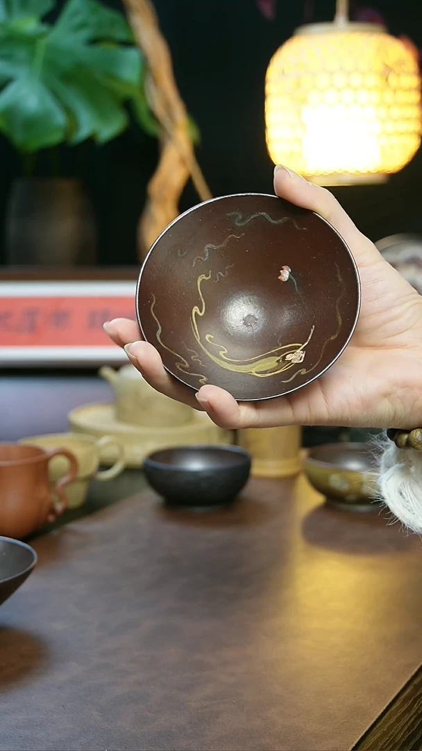 【闪购商品】紫砂茶杯全手朱泥大红袍柴烧泥绘飞天斗笠主人杯