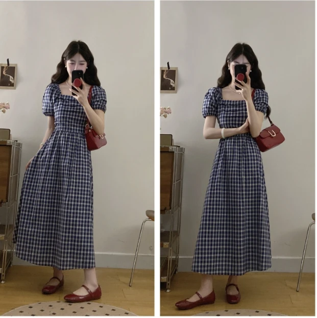 复古方领法式夏季短袖大码连衣裙高腰A字裙四季通用泡泡袖