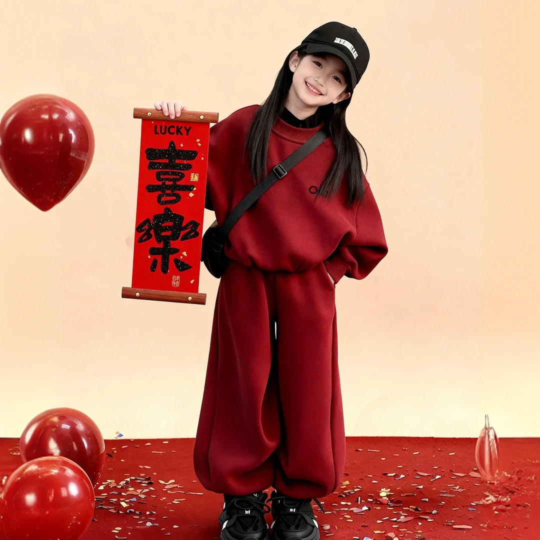 女童加绒卫衣套装新年洋气时髦本命年拜年服冬季新款