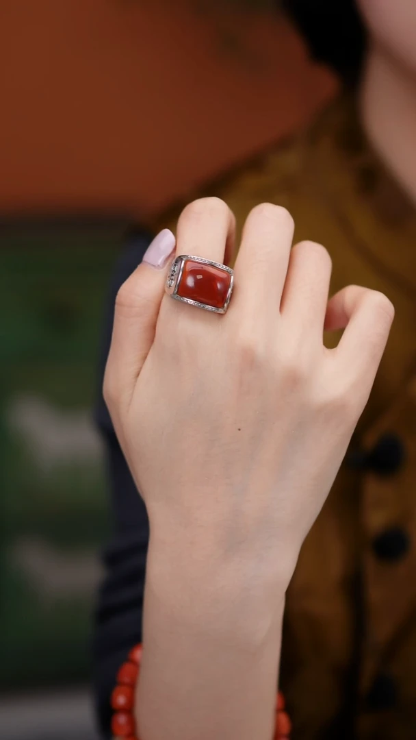银S925镶嵌戒指南红玛瑙MZY1028南红活口戒指