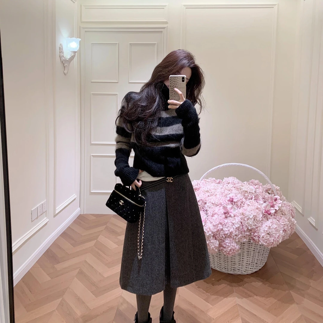 美式复古条纹高领短款毛衣女秋冬软糯修身针织衫高腰显瘦半身裙