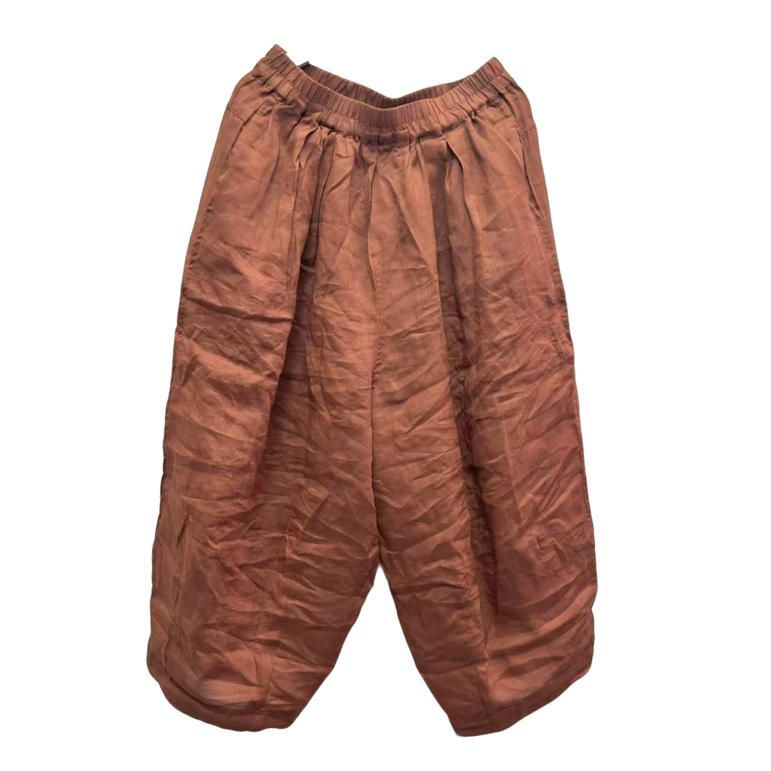 依佳#1661夏季休闲薄款纯色砂洗双层苎麻裤（长80臀围140）