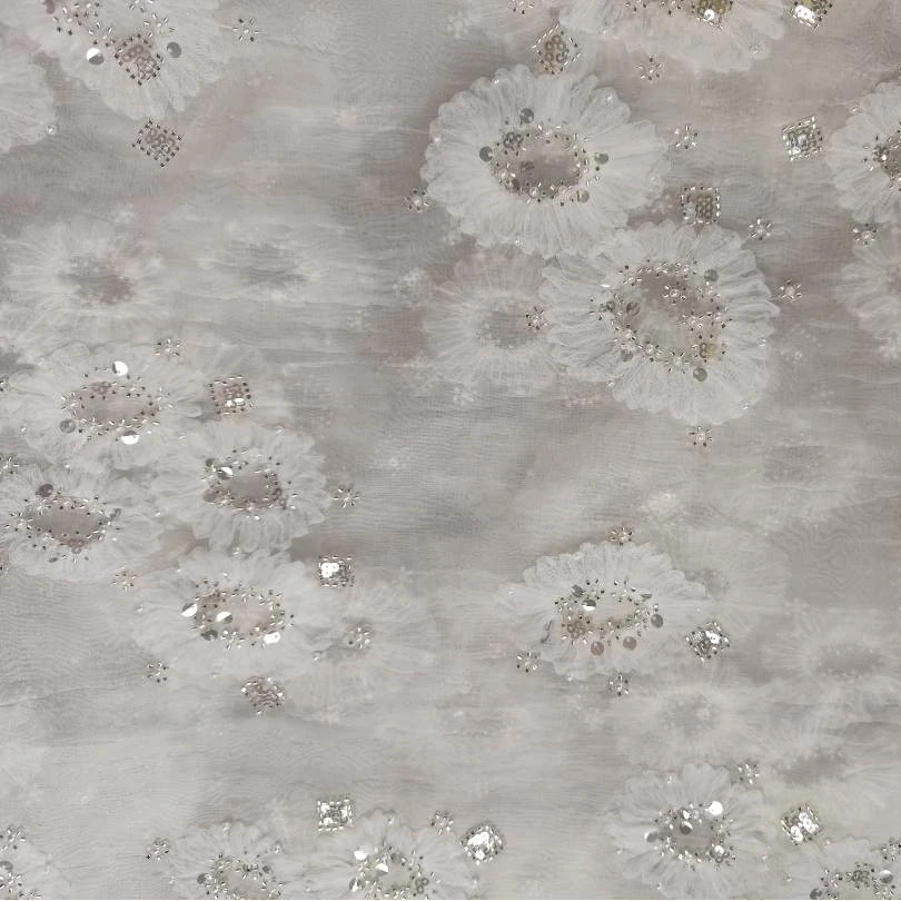 欧根纱盘带绣重工珠片刺绣100%桑蚕丝底胚丝绸面料开裁不支持退换