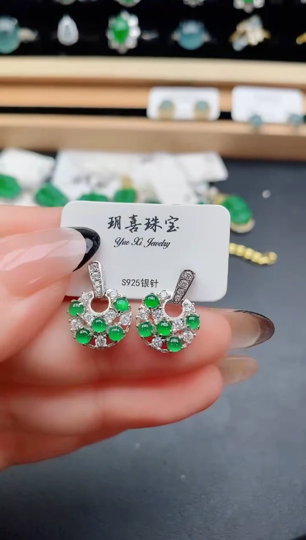 翡翠银S925镶嵌耳饰06