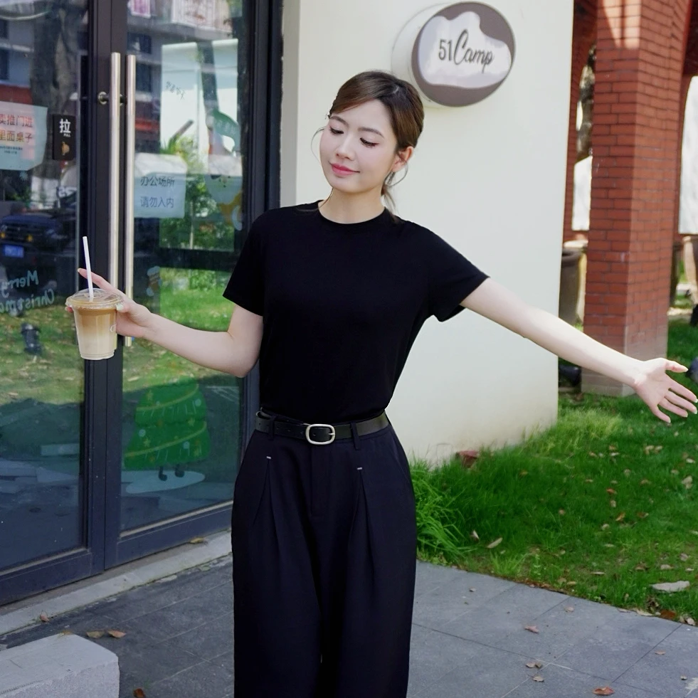 蘑菇MOUSHORY百搭圆领微宽松高级感短袖女夏季2025新款正肩t恤