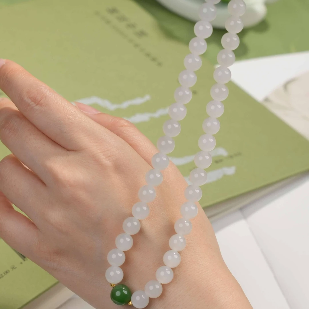 Gloire/古名【睿泽鉴宝】18K和田玉白玉搭碧玉项链8-10mm GZ0044