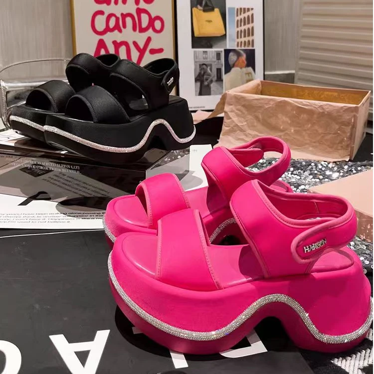 2025新款水钻厚底松糕超高跟外穿小个子拖鞋凉鞋拖女鞋沙滩鞋凉拖