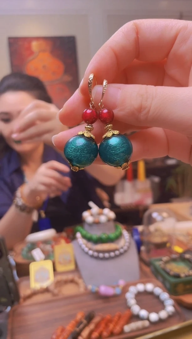 琉璃手工艺品绿色耳环