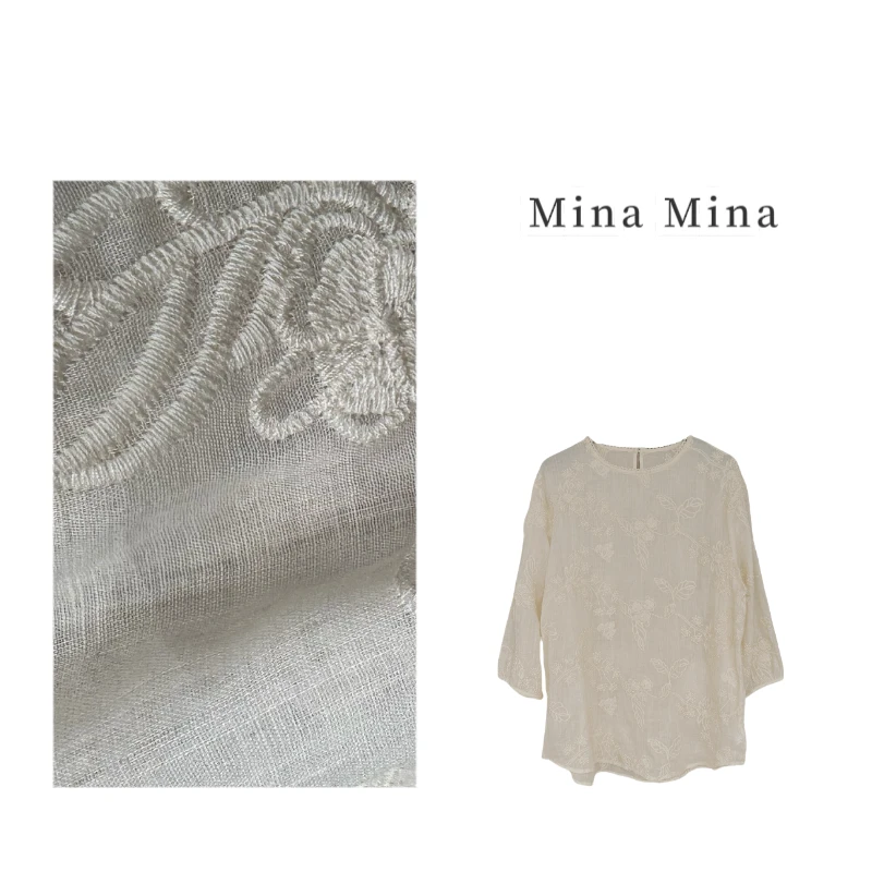 【雨柔】 Mina2025夏季新款 法式简约重工刺绣麻料百搭简约中袖上衣