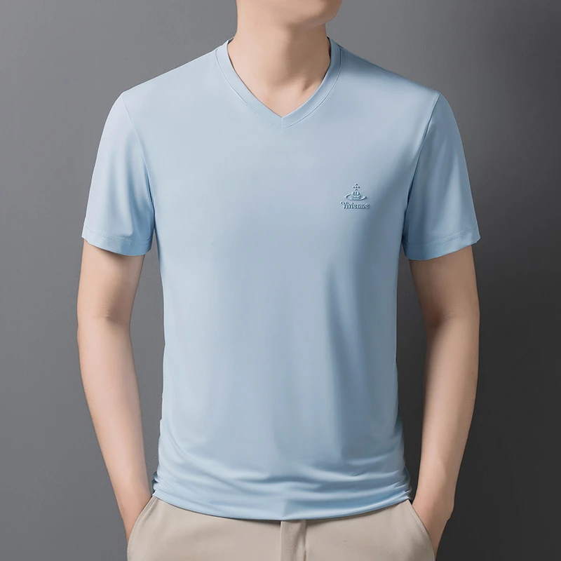 保罗·哥伦比冰丝夏季新款男士V领UV工艺胸标丝滑透气休闲短袖T恤