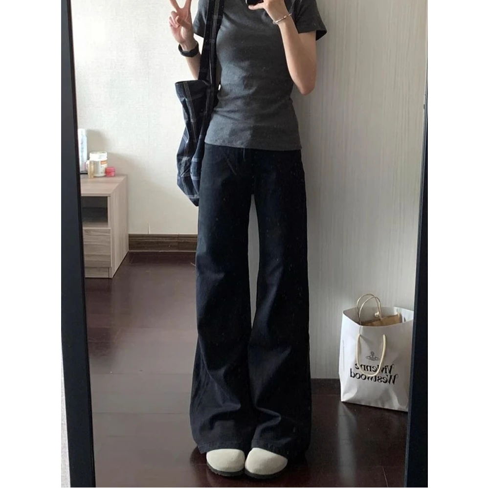 145小个子黑色不贴腿微喇阔腿牛仔裤女新款高腰显瘦直筒拖地长裤