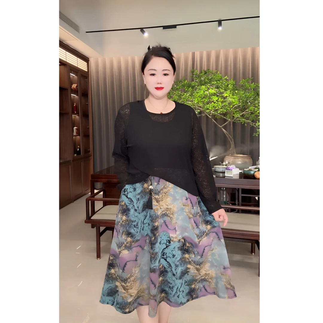 2025秋季新款时尚气质水彩拼接国风百搭外套+连衣裙（两件套）