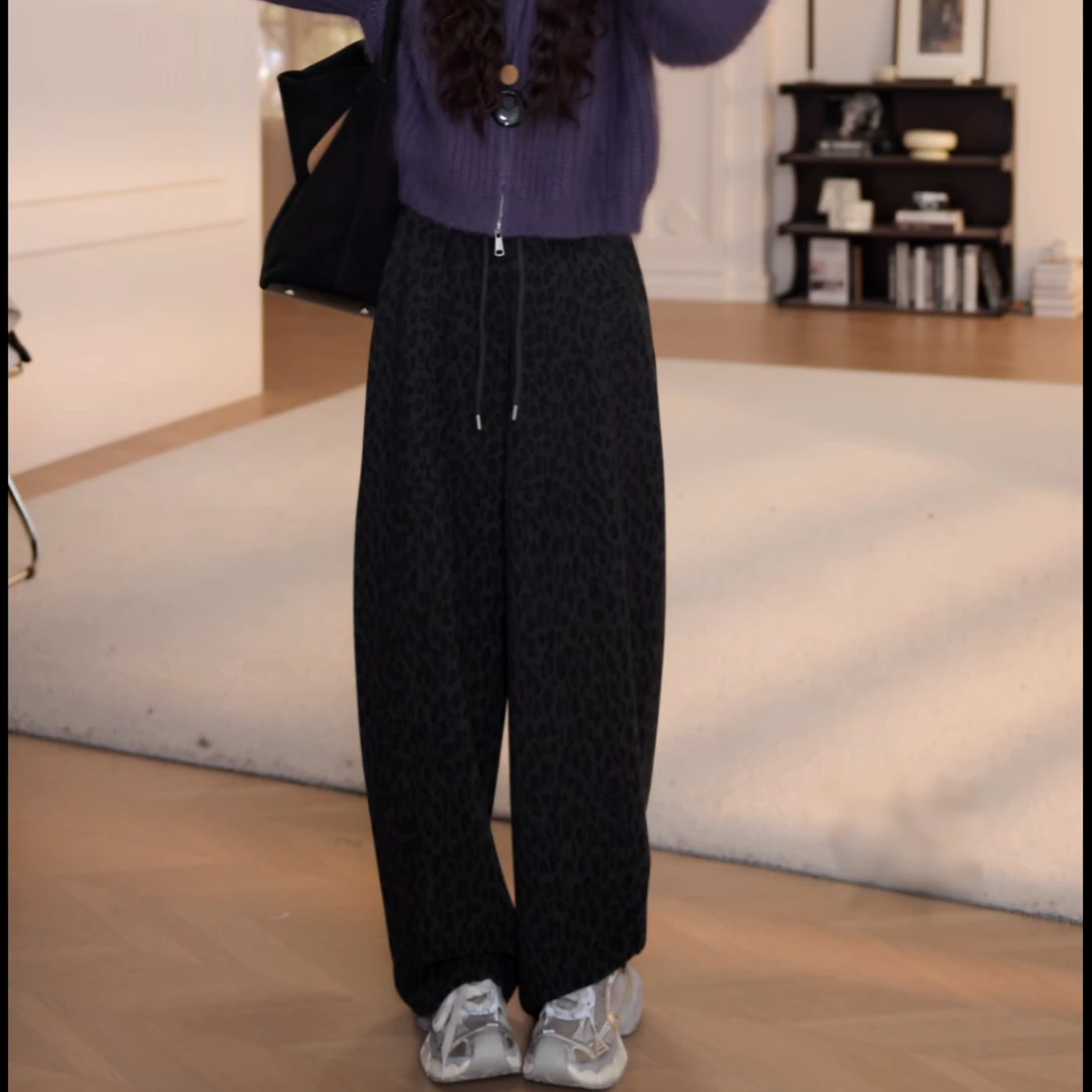 2025秋冬豹纹抽绳松紧腰高腰磨毛休闲裤卫裤长裤LK2507122