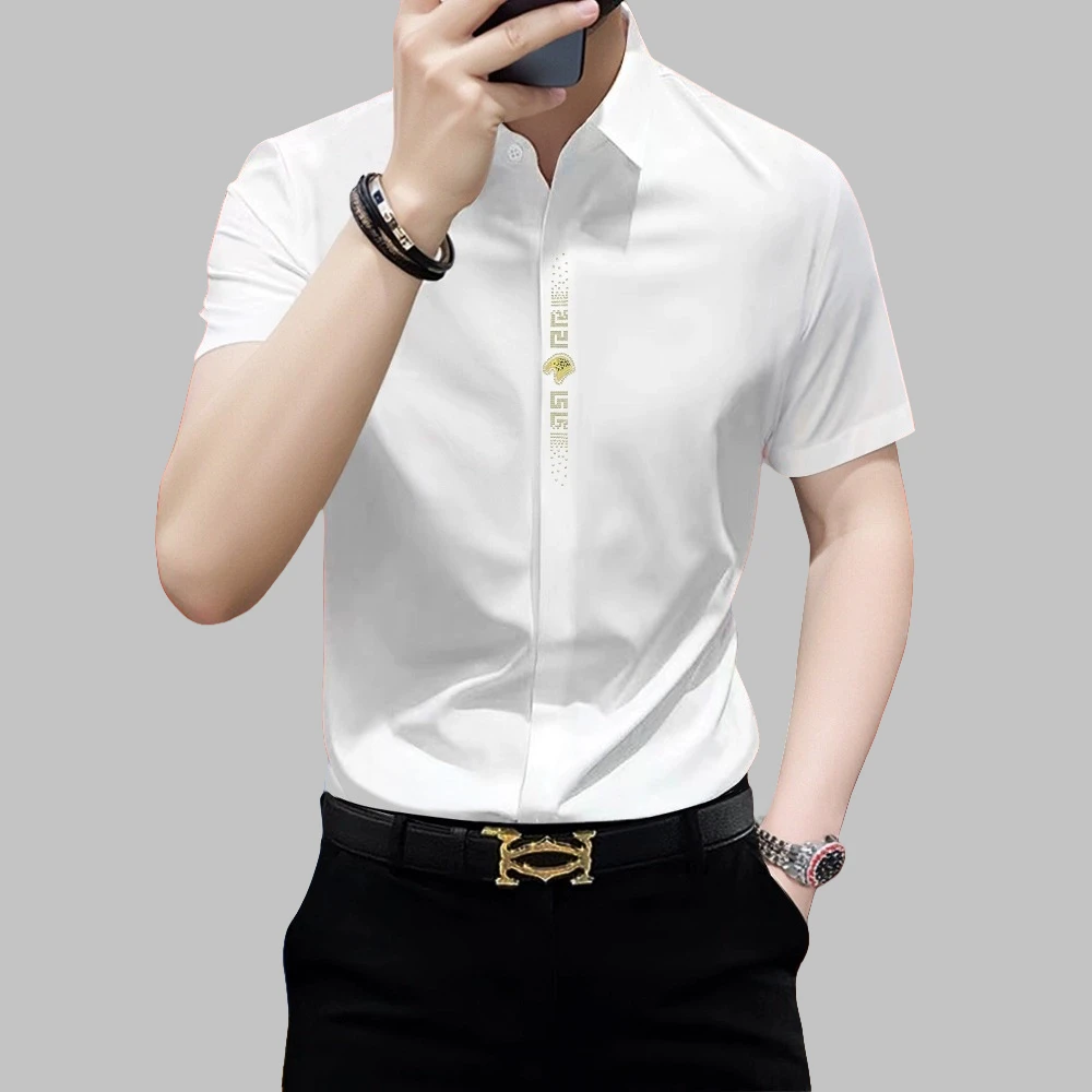 短袖衬衫男士夏季帅气商务休闲免烫抗皱无痕垂感冰丝弹力修身衬衣