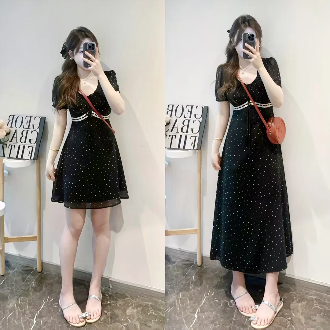 法式V领气质感黑色波点连衣裙