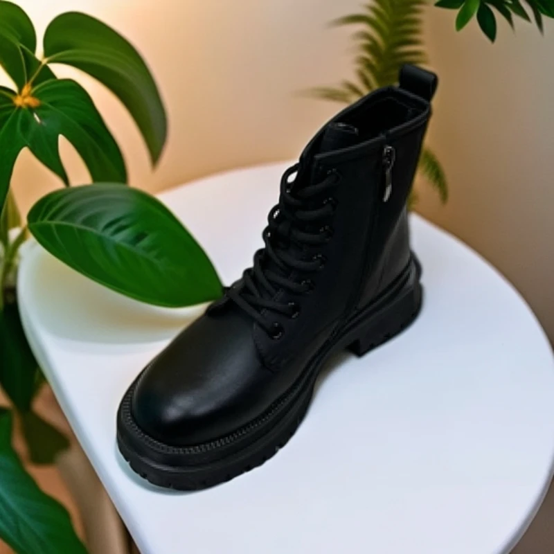 纯色厚底马丁靴女秋冬机车靴圆头短筒工装靴薄绒23918